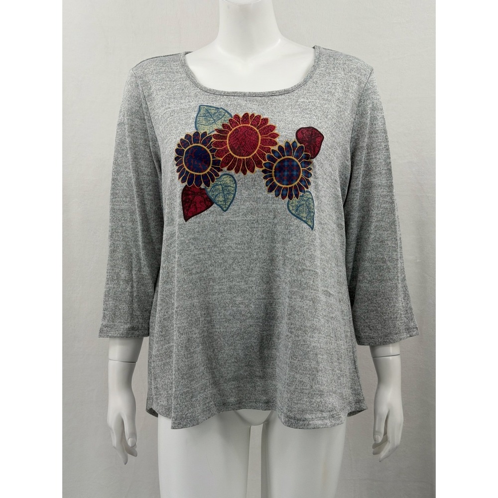 Energe Top Women XXL Gray Sunflower Patchwork Graphic 3/4 Sleeve Knit Artsy Boho